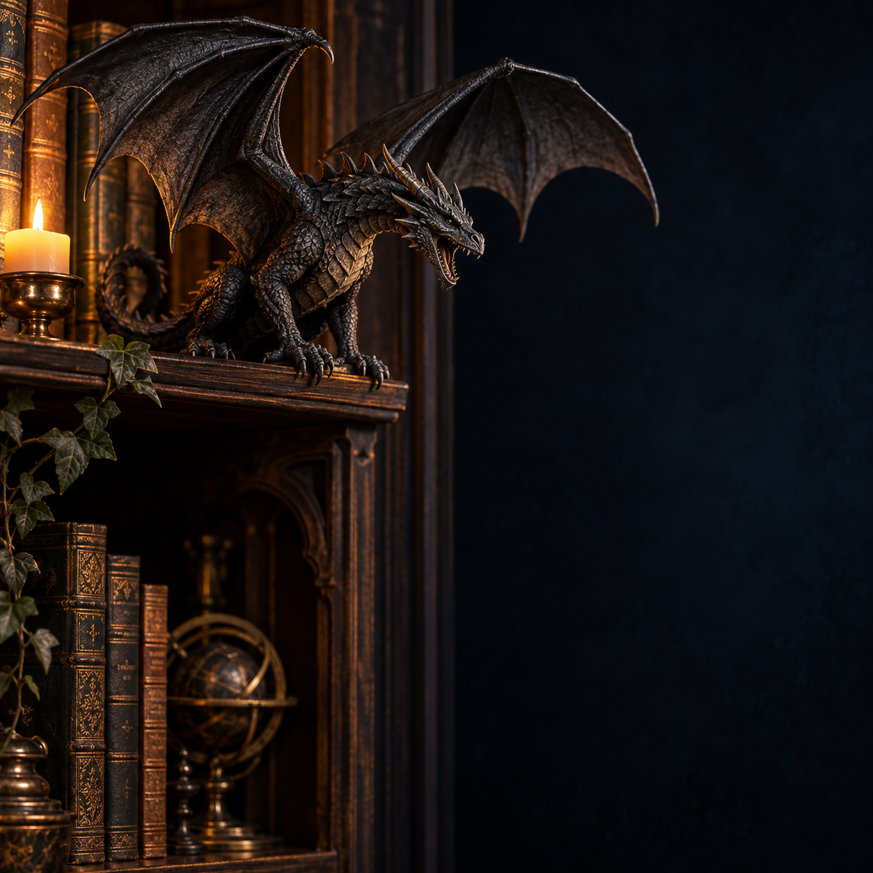 Fantasy dragon artwork in a dark library; an animated flame points toward the cursor