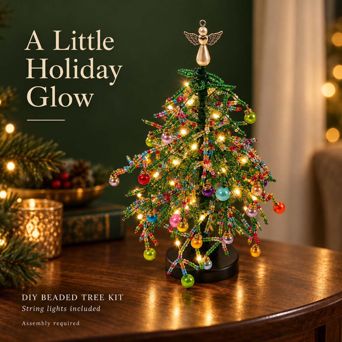 DIY Beaded Christmas Tree Kit with String Lights