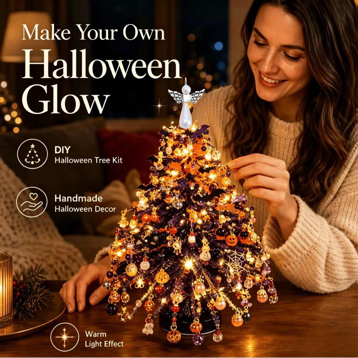 Seasonal preview of a Halloween decorative tree with warm lights
